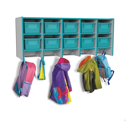 Jonti-Craft Rainbow Accents 10 Section Wall Mount Coat Locker, with Trays, Teal 0771JC005